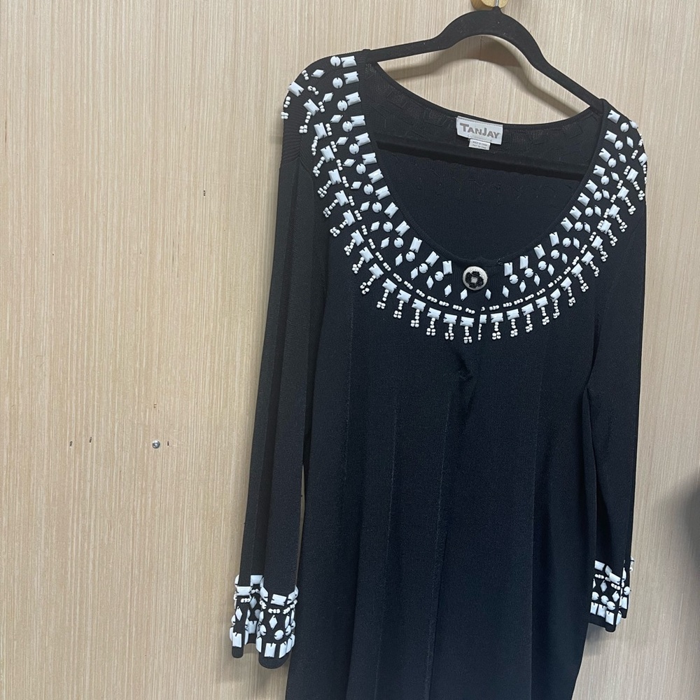 Beaded TanJay black/white sweater size large, like new, one button closure
